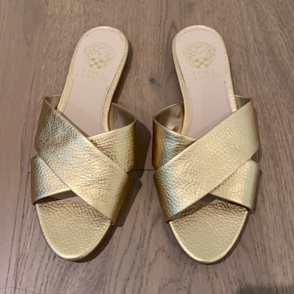 Vince Camuto Gold Strap Criss-Cross Flat Slide Sandals,  size 6.5
